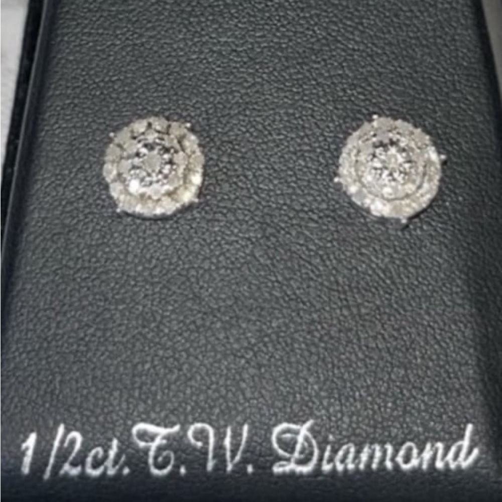 Real Diamond Earrings, Circle Stud, 1/2 CTW. 925 Sterling Silver *NEW*